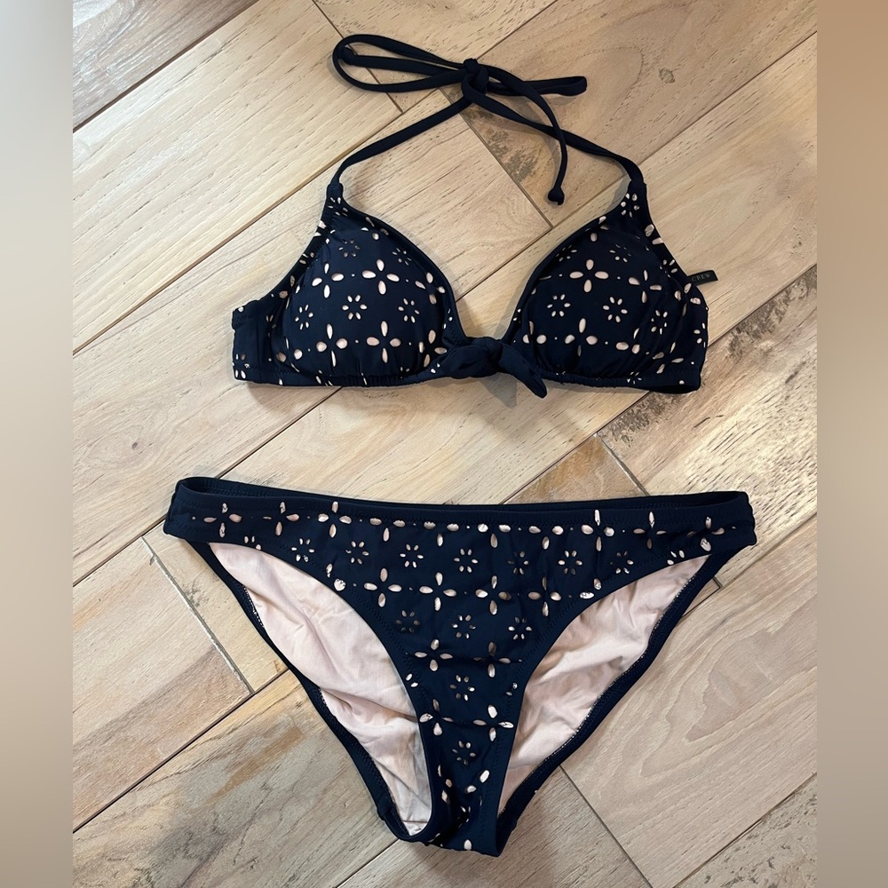 EUC J Crew sz S Laser Cut Eyelet Bikini Navy
